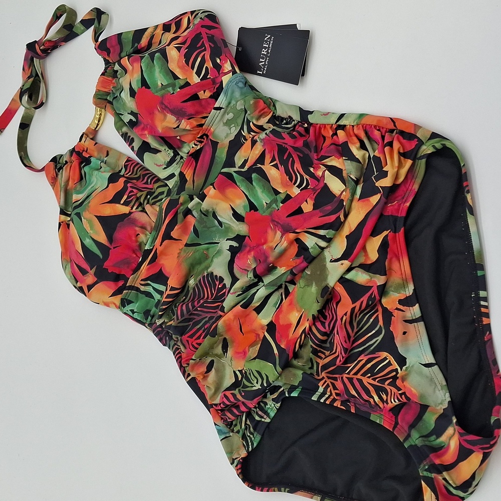 Ralph Lauren Midnight Tropical High-Neck Tummy-Control One-Piece Swimsuit 6